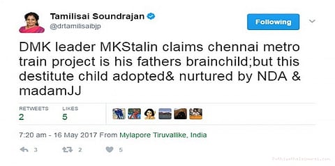 மெட்ரோ ரயில் திமுகவின் குழந்தை: ஸ்டாலின் கருத்துக்கு தமிழிசை பதிலடி