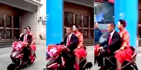 ஸ்கூட்டரில் திருமணம் செய்து கொண்ட காதல் தம்பதிகள்