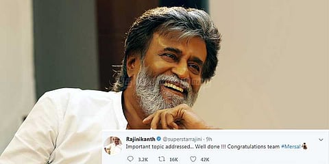 தொடரும் மெர்சல் சர்ச்சை: படக்குழுவுக்கு ரஜினிகாந்த் பாராட்டு