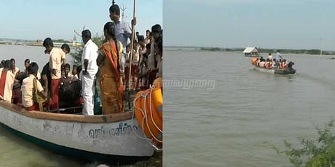 கிராமங்களை சூழ்ந்துள்ள மழைநீர்: பள்ளிக்கு படகில் பயணிக்கும் மாணவர்கள்