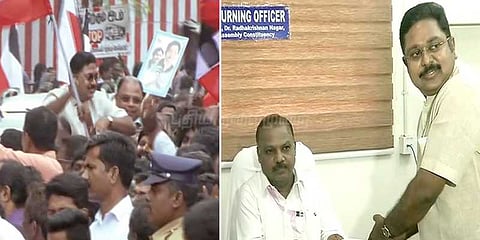 அண்ணா இல்லாத அதிமுக கொடியுடன் தினகரன் வேட்புமனு தாக்கல்