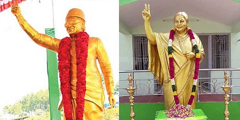 திடீரென தோன்றிய எம்ஜிஆர், ஜெயலலிதா சிலைகள்