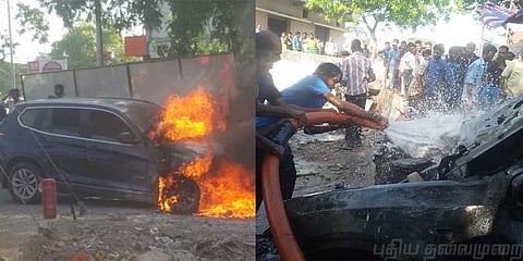 நடுரோட்டில் பற்றி எரிந்த பி.எம்.டபுள்யூ கார்: சென்னை பரபர