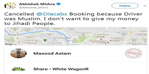 ‘முஸ்லீம் ஓட்டுநரால் வண்டியை ரத்து செய்தேன்’ - சர்ச்சையை ஏற்படுத்திய ட்வீட்