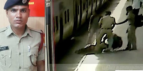 ஓடும் ரயிலில் தவறி விழுந்த இளம் பெண்ணை காப்பாற்றிய காவலர்