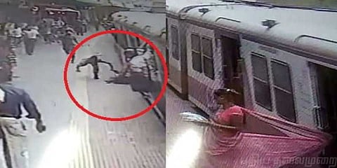 ரயிலில் சிக்கிய பெண்ணை போராடிக் காப்பாற்றிய காவலர்