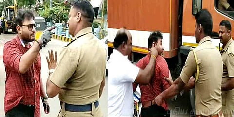 விலையுயர்ந்த பைக்கில் வந்த நபர் அடாவடி : கோபமடைந்து அடித்த காவலர்கள்