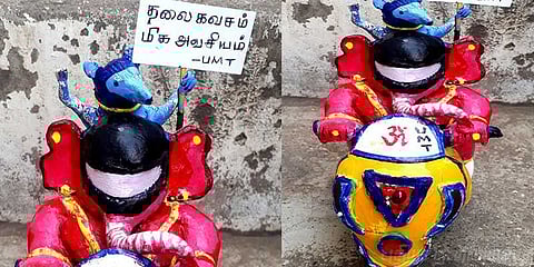 ஹெல்மெட்டுடன் விநாயகர், எலி - அதிரடியாக தயாராகும் சிலைகள்