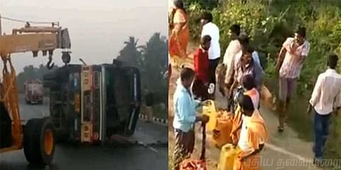 சாலையில் கவிழ்ந்த டீசல் லாரி : கேன்களில் பிடித்துச்சென்ற மக்கள்