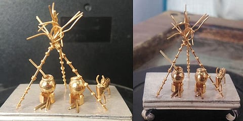 தங்கத்தில் காளையுடன் பொங்கல் பானை : அசத்தும் தொழிலாளி !