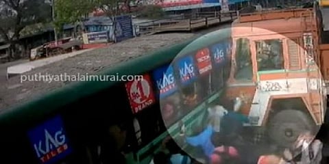 பேருந்து மீது கண்மண் தெரியாமல் வந்து மோதிய லாரி - சிசிடிவி காட்சி