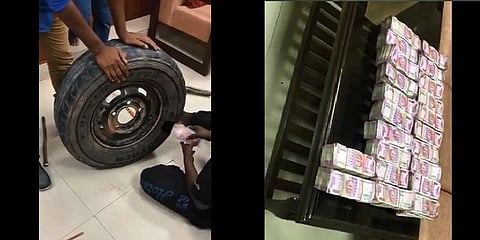 கார் ஸ்டெப்னி டயருக்குள் கட்டுக்கட்டாக 2 ஆயிரம் ரூபாய் நோட்டுகள்!