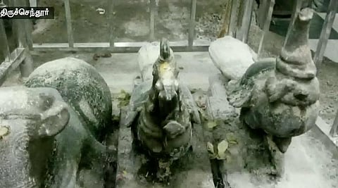 திருச்செந்தூர் கோவிலில் போலி மயில் சிலை ! அதிகாரிகள் மீது வழக்குப்பதிவு