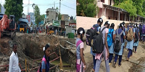 நெல்லையில் பாலம் சீரமைக்கும் பணியால் சேதமடைந்த சாலைகள் ! சிரமங்களை சந்திக்கும் மாணவிகள்