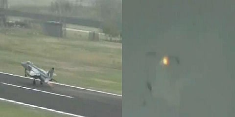 தீப்பிடித்த போர் விமானத்தை சாதுர்யமாக இறக்கிய விமானி - வீடியோ