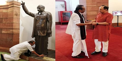 நாடாளுமன்றத்தில் அண்ணா சிலைக்கு வைகோ மரியாதை.. சுப்ரமணியன் சுவாமியுடன் சந்திப்பு