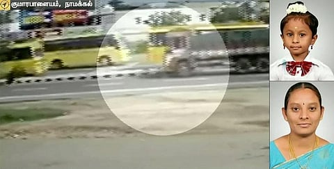 கண் இமைக்கும் பொழுதில் மகளுடன் லாரி சக்கரத்தில் சிக்கிய தாய் - சிசிடிவி