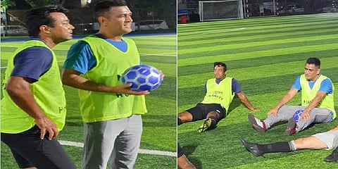 கால்பந்து போட்டியில் பங்கேற்ற கிரிக்கெட் வீரர் மகேந்திர சிங் தோனி