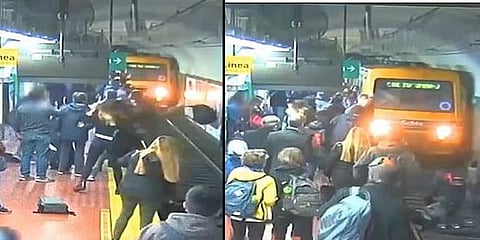 ரயில் தண்டவாளத்தில் விழுந்த பெண் - உயிர்த் தப்பிய வீடியோ காட்சி