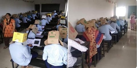 ‘காப்பி அடிப்பதை தடுக்க மாணவர்களின் தலையில் அட்டைப்பெட்டியா?’ - வலுக்கும் எதிர்ப்பு