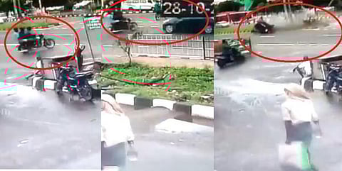 கண் இமைக்கும் நேரத்தில் பைக் மீது மோதிய கார் - பதற வைக்கும் வீடியோ