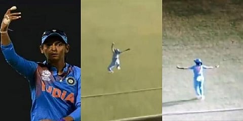 அசத்தலாக தாவிக் குதித்து ஒரு கையில் கேட்ச் பிடித்த ஹர்மன்பிரீத் (வீடியோ)