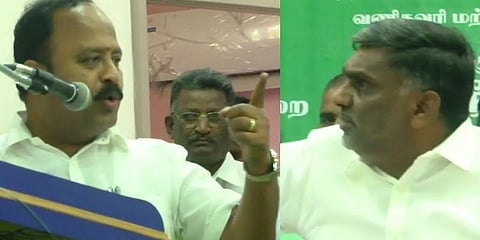 மேடையிலே வாக்குவாதம் செய்த அமைச்சர், திமுக எம்.எல்.ஏ - தொண்டர்களிடையே தள்ளுமுள்ளு