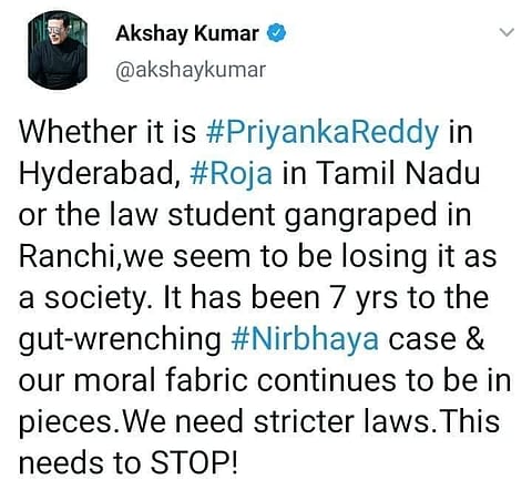 “நமது ஒழுக்க நெறிகள் சிதைந்துவிட்டன” பிரியங்கா, ரோஜா மரணம் குறித்து அக்ஷய் குமார் வேதனை