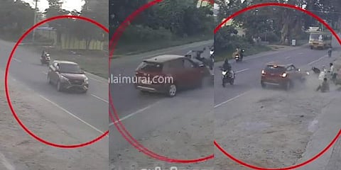 இருசக்கர வாகனங்கள் மீது கார் மோதி விபத்து: வீடியோ