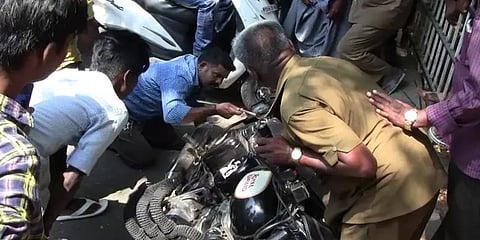 டிராபிக்கில் நின்ற இளைஞர் : மரத்திலிருந்து பைக் மீது விழுந்த பாம்பு