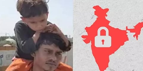 குழந்தைகளை தோளில் சுமந்தவாறு சொந்த ஊருக்கு 150கிமீ தூரம் நடந்து சென்ற குடும்பம்!!