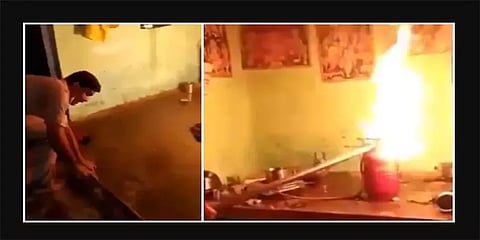 தீப் பற்றி எரிந்த சிலிண்டர்.. அச்சமில்லாமல் லாவகமாக அணைத்த காவலர் - வீடியோ