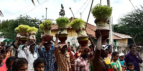 பருவமழை பெய்ய வேண்டி முளைப்பாரி சுமந்து நேர்த்திக் கடன் செலுத்திய ஆண்கள்