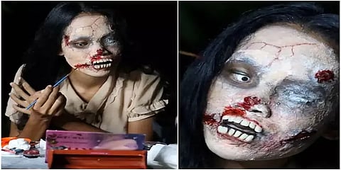 திகிலூட்டும் ஜாம்பி மேக்-அப்பில் விற்பனை... இணையத்தில் வைரலான பெண்