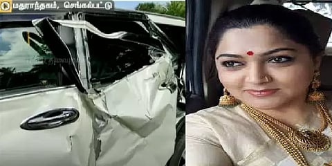 குஷ்புவின் கார் மீது கண்டெய்னர் லாரி  மோதி விபத்து: யாருக்கும் காயமில்லை