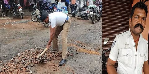 குண்டும் குழியுமாக மாறிய சாலை - தனி ஆளாக செப்பனிட்ட காவலர்!