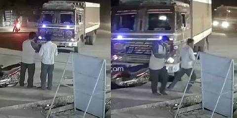 பிரேக் பிடிக்காத கண்டெய்னர் லாரி: நூலிழையில் உயிர்தப்பிய இருவர் - வீடியோ!