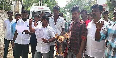 மதுரை: ஜல்லிக்கட்டை முறைப்படுத்தக்கோரி நூதன முறையில் மனு அளிக்கவந்த மாடுபிடி வீரர்கள்