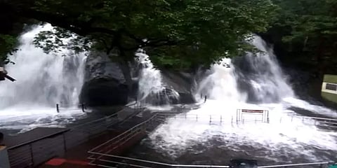 குற்றால அருவிகளில் வெள்ளப் பெருக்கு: படிகளில் ஓடும் தண்ணீர்!