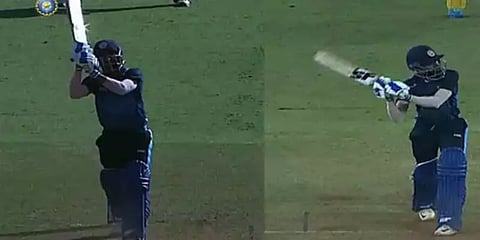 தோனியின் பாணியை பின்பற்றி ஹெலிகாப்டர் ஷாட் ஆடிய விஷ்ணு சோலங்கி!