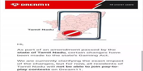 “தமிழகத்தில் 'Dream11' செயலி இனி இயங்காது” தமிழக அரசின் தடையை அடுத்து நிறுவனம் அறிவிப்பு!