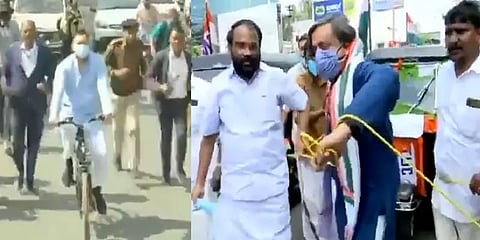 பெட்ரோல், டீசல் விலை உயர்வு: சைக்கிளில் தேஜஸ்வி; ஆட்டோவை கயிறு கட்டி இழுக்கும் சஷி தரூர்