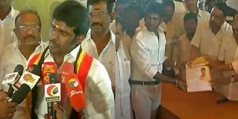 “சென்றுவா வெற்றி நமதே! என்று அப்பா சொன்னார்” விஜய பிரபாகரன் விருப்ப மனு தாக்கல்