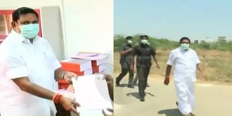 ஆரவாரமில்லாமல் தனி ஆளாக நடந்து வந்து வேட்புமனுவை தாக்கல் செய்த முதல்வர் பழனிசாமி!