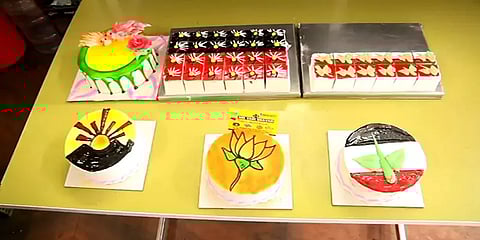 வேலூர்: கலர் கலராக கட்சிக் கொடிகளுடன் விற்பனைக்கு வந்துள்ள கேக்