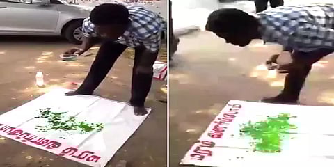 வண்ணங்களை வாயால் கொப்பளித்து விதவிதமான படங்களை வரைந்து அசத்தும் ஓவிய ஆசிரியர்