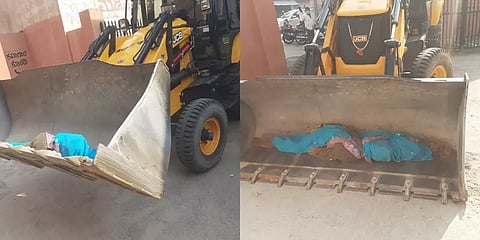 கொரோனா அச்சம்: சாலையில் இறந்த பெண்ணின் உடலை ஜேசிபி இயந்திரம் மூலம் தூக்கிச்சென்ற அவலம்!