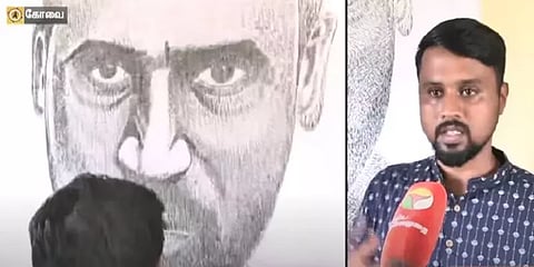 கோவை: ஸ்டேப்ளர் பின்களை கொண்டு கர்ணன் படக்காட்சி ஓவியம்