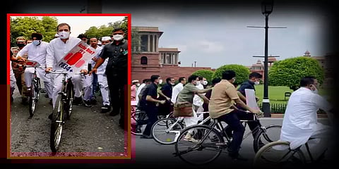 நாடாளுமன்றத்திற்கு சைக்கிளில் சென்ற ராகுல்காந்தி