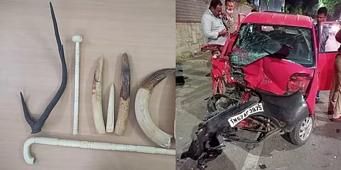 விபத்தில் சிக்கிய காரிலிருந்து கண்டுபிடிக்கப்பட்ட யானை தந்தங்கள், மான் கொம்பு